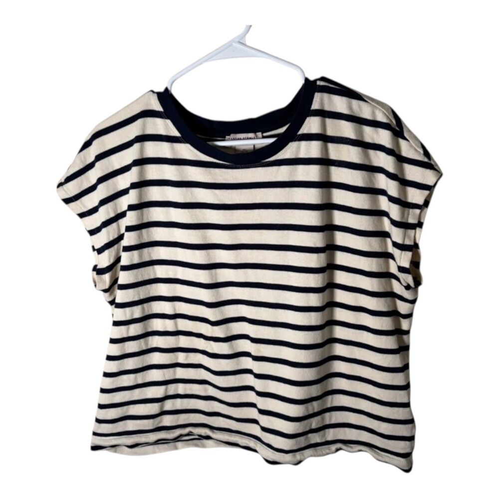 Martha Stewart T-Shirt Women's Large Beige Navy Short Sleeve Knit Crew Neck